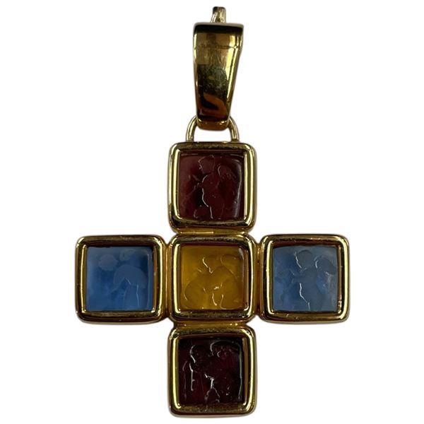 14K Gold Tagliamonte Venetian Intaglio Glass Cross Pendant with Enhancer Bail  (Total weight: 7 gram