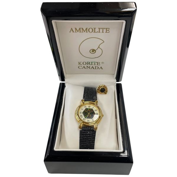 Korite Canada Wrist Watch with Ammolite Accented 32mm Face - Leather Strap and Korite Tie Tack - Ori