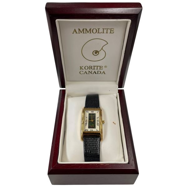 Korite Canada Wrist Watch - 23 x 35mm Rectangular Face with Ammolite Center - Leather Strap - Origin