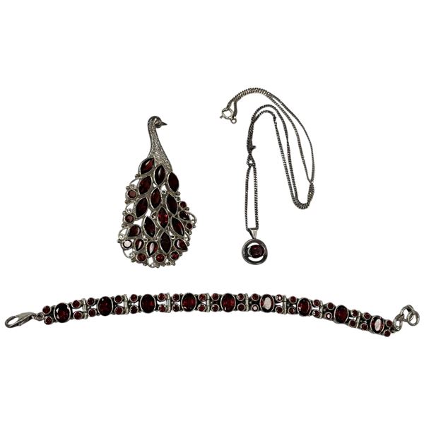 Sterling Silver & Garnet Necklace, Bracelet & Peacock Brooch - Brooch is 1.5" x 3" (Total weight: 52