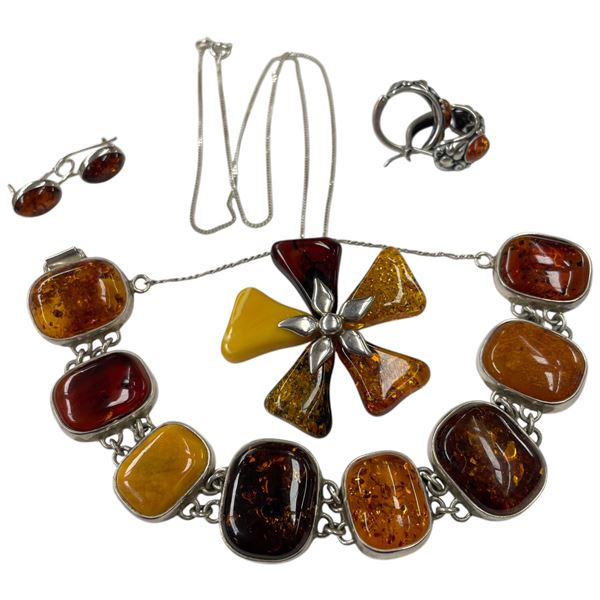 Sterling Silver & Garnet Necklace, Bracelet & 2 Pairs of Earrings- Brooch is 1.5" x 3" (Total weight