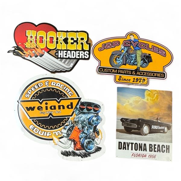 Collection of 4 Replica Metal Signs Hooker Headers, Weiand, J&P Cycles and Daytona Beach 1956