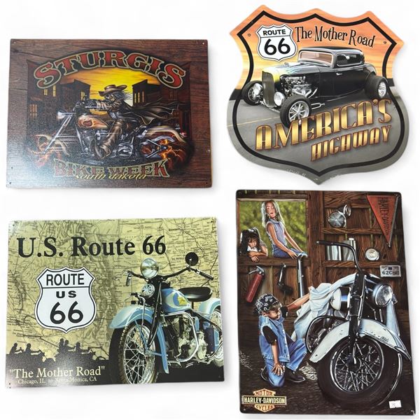4 Collectable Reproduction Metal Signs: Sturgess, 2x Route 66 Mother Road & Harley Davidson