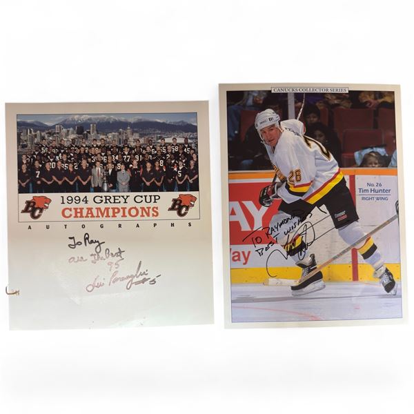 Tim Hunter Vancouver Canucks and 1994 Grey Cup Champion Lui Passaglia Autographs