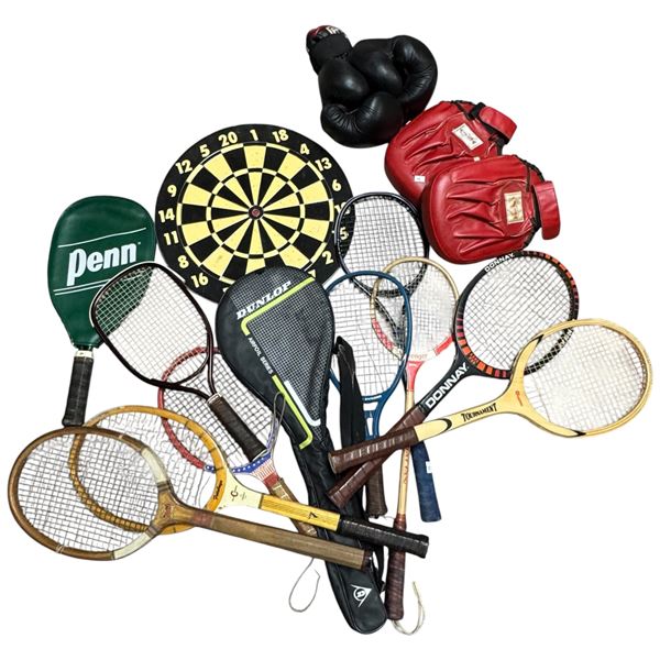 Assorted Sports Items: Dart Board, Boxing Gloves and Vintage Tennis, Squash and Racquetball Racquets