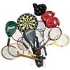 Image 1 : Assorted Sports Items: Dart Board, Boxing Gloves and Vintage Tennis, Squash and Racquetball Racquets