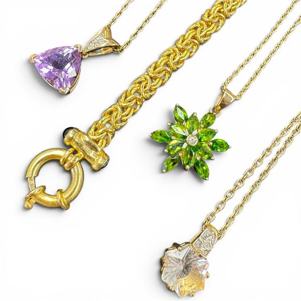3 Gold Plated Sterling Silver Gemstone Necklaces & 1 Bracelet (Total weight: 23.9 grams)