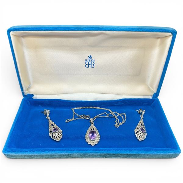 Vintage Birks Sterling Silver Amethyst & Marcasite Necklace & Earring Set -  Chain is .835 Silver - 