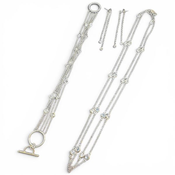 Fine Sterling Silver Crystal Bezel Station Necklace (34"), Toggle Bracelet & 3" Dangle Earrings Set 