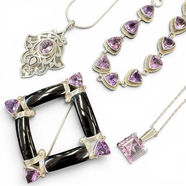 Group of 4 Sterling Silver & Amethyst Jewelry (Brooch, Bracelet & 2 Necklaces) - Total weight: 51.3 