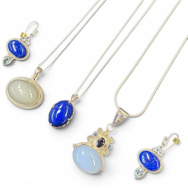 Group of 4 Sterling Silver Jewelry (Lapis Necklace & Earrings Set & 2 Moonstone Necklaces [one is Sa