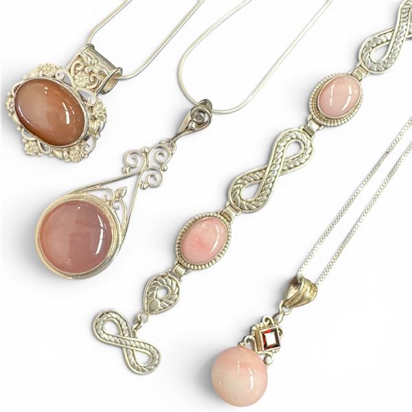 Group of 4 Sterling Silver Jewelry  (Pink Andean Opal Necklace & Bracelet. Brown Carnelian & Pink Ch