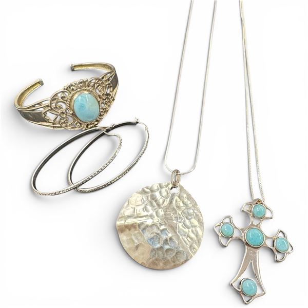 Group of 4 Sterling Silver Jewelry  (Larimar Cross & Cuff Bracelet, Long Hoop Earrings & Round Silve