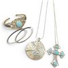 Image 1 : Group of 4 Sterling Silver Jewelry  (Larimar Cross & Cuff Bracelet, Long Hoop Earrings & Round Silve