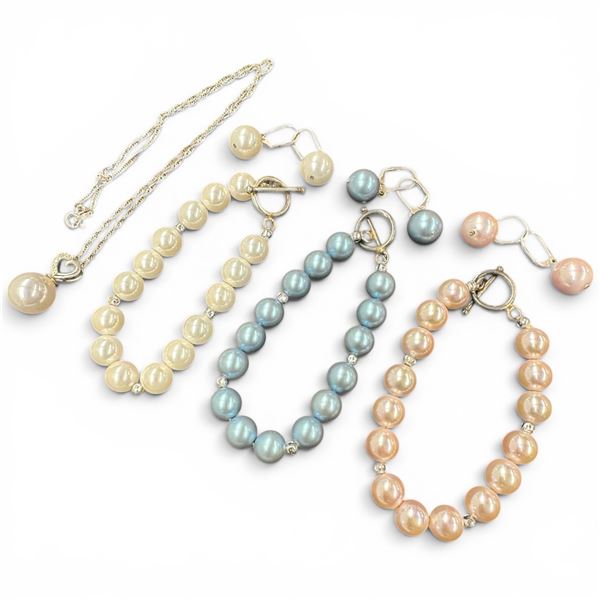 Faux Pearl Necklace on Sterling Chain & 3 Coloured Pearl Bracelet & Earring Sets with Sterling Findi