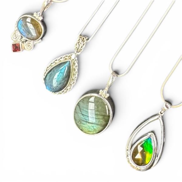 3 Sterling Silver Labradorite & 1 Ammolite Necklace (The round Labrodorite is Sajen) Total weight: 3