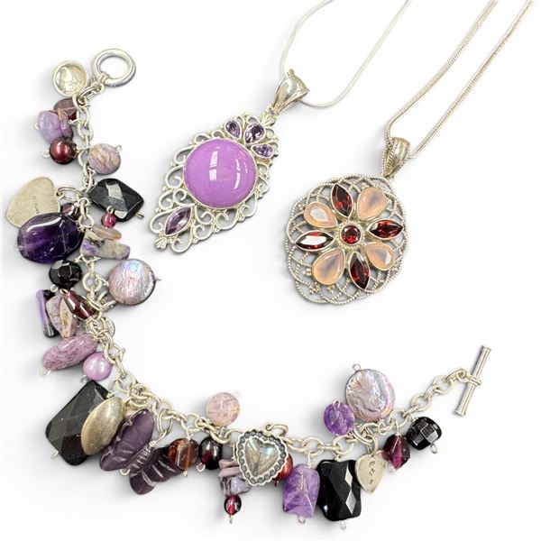Sterling Silver & Gemstone Charm Bracelet & 2 Sterling & Gemstone Necklaces - Total weight: 75 grams