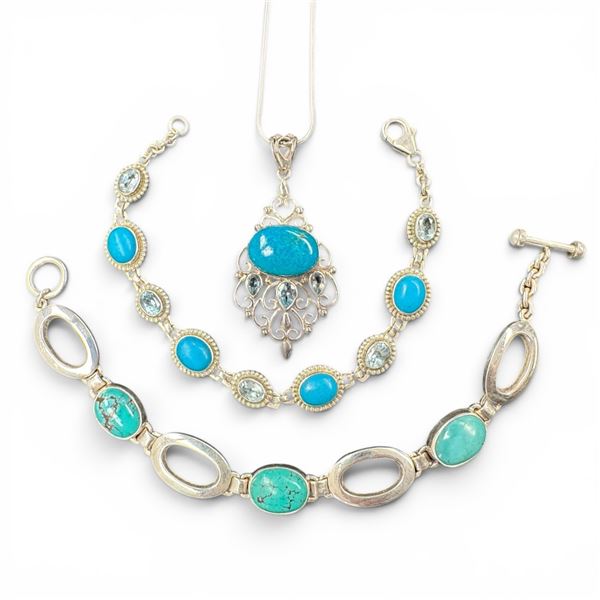 Sterling Silver Turquoise Necklace & 2 Bracelets (Pendant & 1 bracelet have blue topaz crystal accen