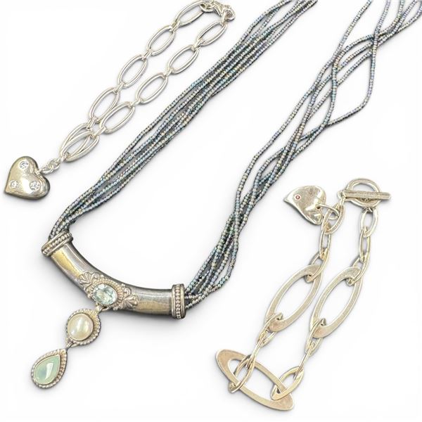 2 Sterling Silver Bracelets & Beaded Sterling Necklace - Total weight: 57.8 grams
