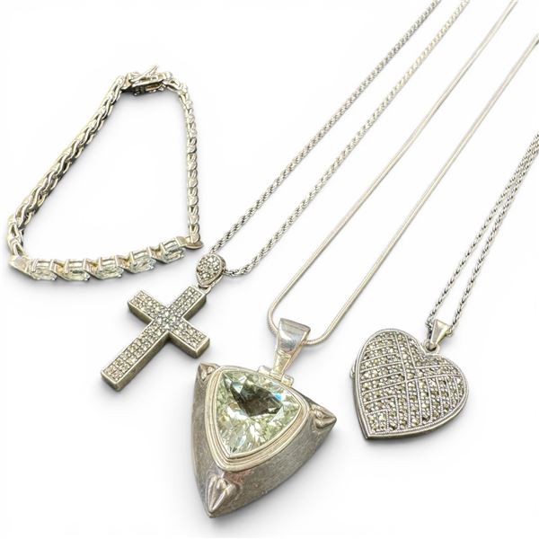Group of 4 Sterling Silver Jewelry (Marcasite Cross & Locket, Large Blue Topaz Pendant Necklace & Li