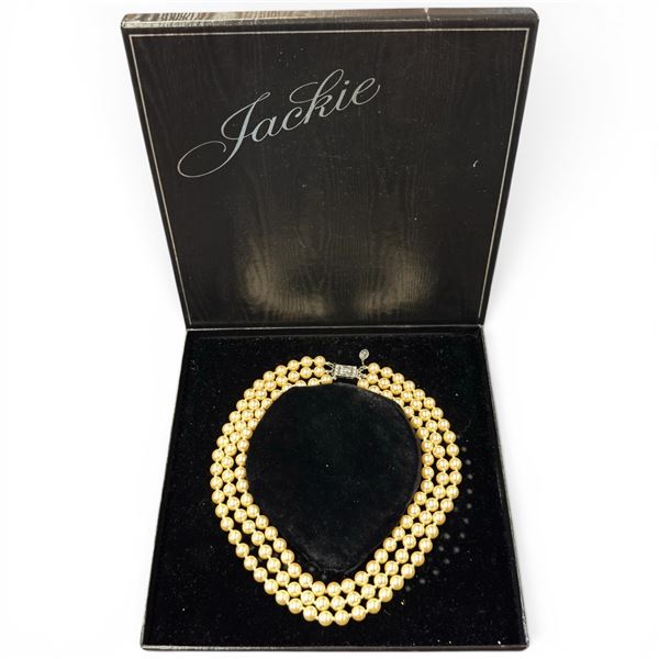 Vintage Franklin Mint Jackie Kennedy Triple Strand Pearl Necklace Replica in Original Box - Crystal