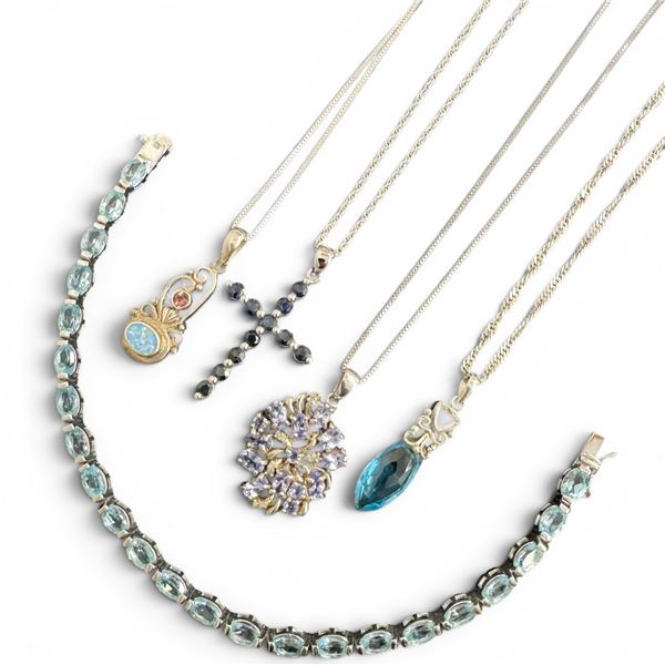 4 Sterling Silver Pendant Necklaces & Blue Topaz Crystal Line Bracelet - Total weight: 30.2 grams
