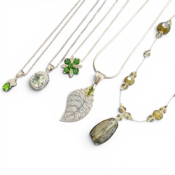 5 Sterling Silver Necklaces (Tourmaline with Crystals and 4 with a variety of green crystal and gems