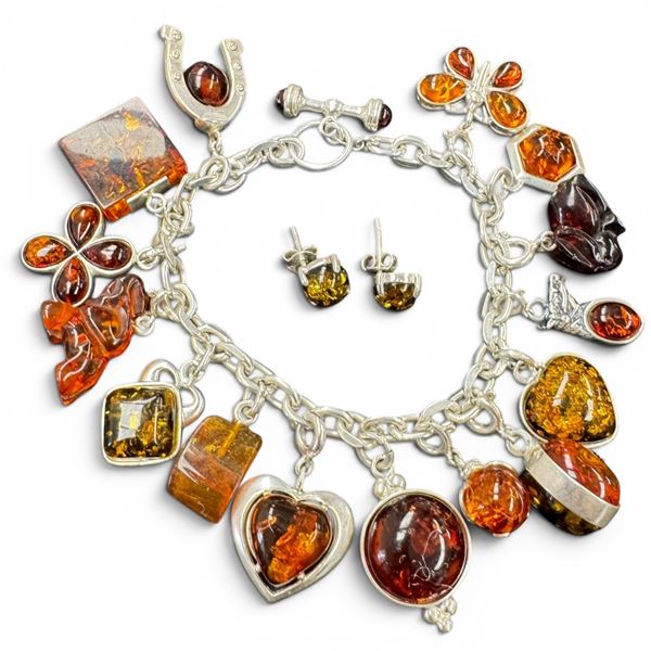 Sterling Silver Amber Resin Charm Bracelet & Choker Necklace (Many of the charms are on removable sp
