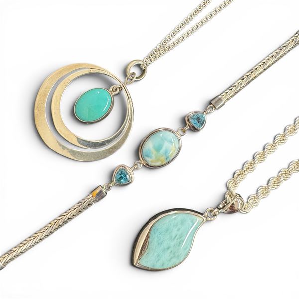 2 Sterling Silver Blue Agate Necklace & 1 Bracelet with Ocean Agate & Blue Topaz Crystals (Total wei