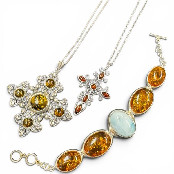2 Sterling Silver Amber Resin Cross Necklaces & 1 Sterling Amber Resin & Agate Bracelet - Total weig