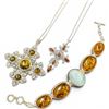 Image 1 : 2 Sterling Silver Amber Resin Cross Necklaces & 1 Sterling Amber Resin & Agate Bracelet - Total weig