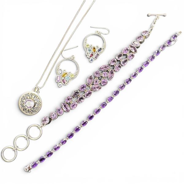 3 Sterling Silver & Amethyst Crystal Jewelry & Pair of Multi-gem Earrings - Total weight: 48.5 grams
