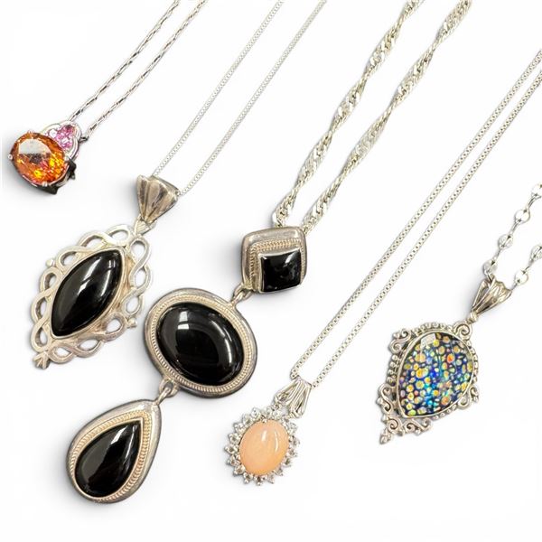 5 Sterling Silver Necklaces with Natural Stones & Crystals  - Total weight: 43.8 grams