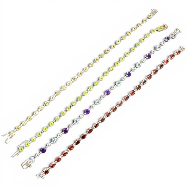 4 Sterling Silver Line Bracelets with Gemstones & Crystals  - Total weight: 48.2 grams