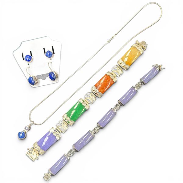 Sterling Silver & Lapis Necklace & Earrings and 2 Sterling & Natural Stone Bracelets - Total weight: