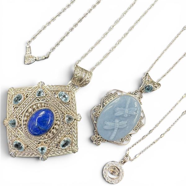 Group of 4 Sterling Silver Necklaces (Lapis, Chalcedony & Crystal) - Total weight: 51.3 grams (Large