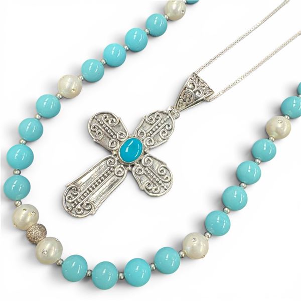 Sterling Silver Turquoise Cross Necklace & 8mm Turquoise & Faux Pearl Necklace with .925 Silver Find