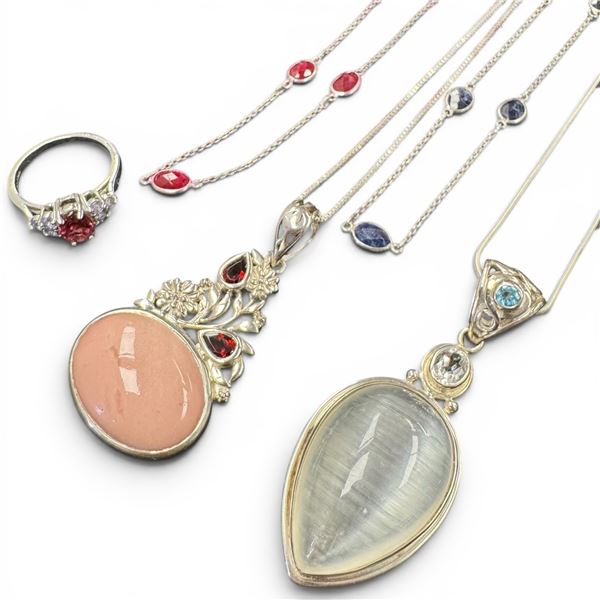 Group of 4 Sterling Silver Necklaces & 1 Size 8 Ring (Variety of Semi-Precious Gems and Crystals) To
