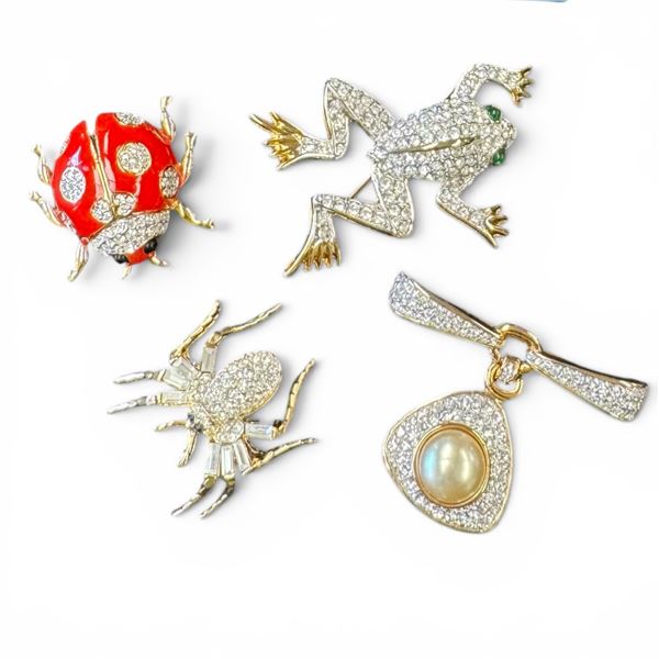 4 Gold Plated Crystal Brooches in a Birks Box - Ladybug, Frog, Spider and Bow with Faux Pearl