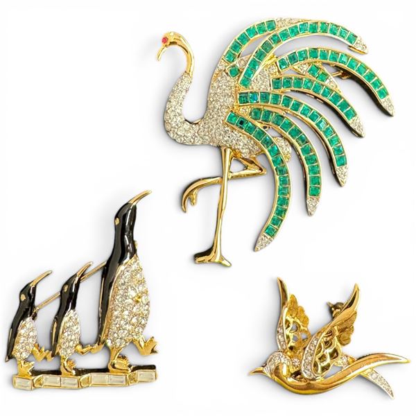 3 Vintage Canadian D'Orlan Brooches - 22K Gold Plated with Austrian Crystals  (Marching Penguins, Fl