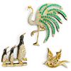 Image 1 : 3 Vintage Canadian D'Orlan Brooches - 22K Gold Plated with Austrian Crystals  (Marching Penguins, Fl