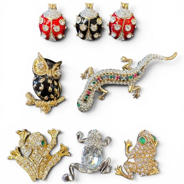 7 Vintage Crystal Brooches - Salamander is 3" long