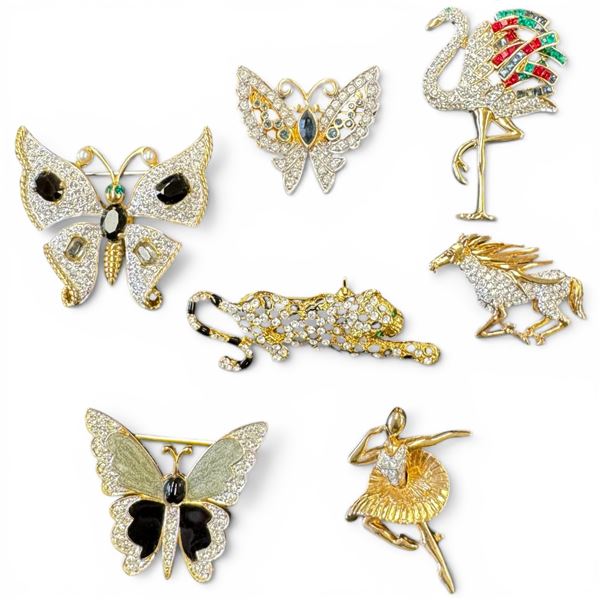 7 Vintage Crystal Brooches - Leopard is 2" long