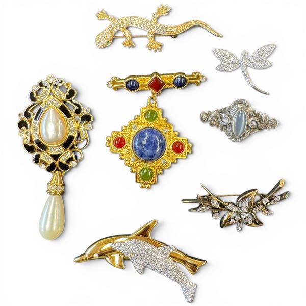 7 Vintage Crystal & Cabochon Brooches - The Dragonfly and Moonstone are .925 Silver