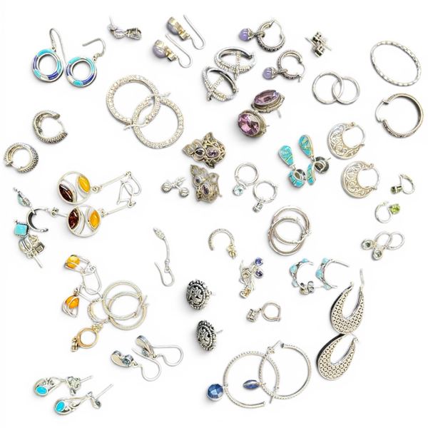 Box of Sterling Silver Earrings (Singles and Pairs) Total weight including stones and enamel = 132 g