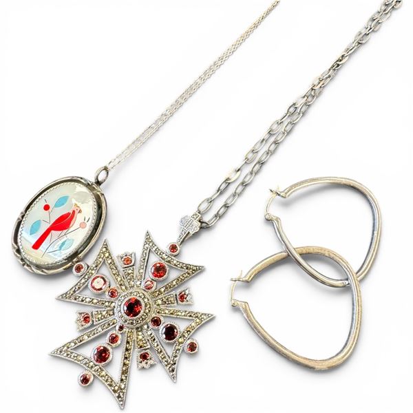 Sterling Silver Garnet Maltese Cross, Inlaid Cardinal Necklace & Hoop Earrings  - Total weight: 47.3
