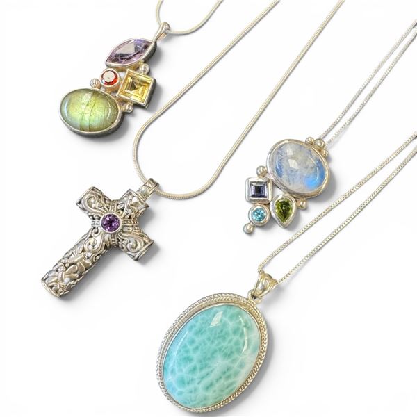 4 Sterling Silver Gemstone Necklaces (Larimar, Labradorite, Amethyst and More)  - Total weight: 51.7