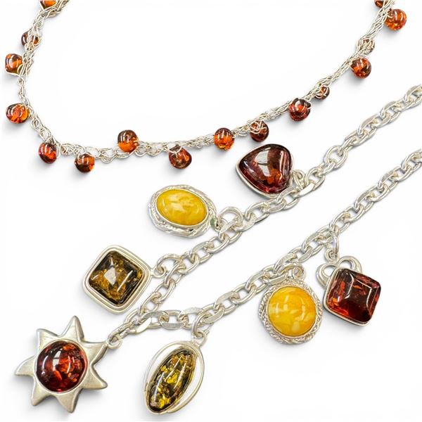 Sterling Silver Amber Bead Choker and Amber Resin Charm Necklace (the charms are individually stampe