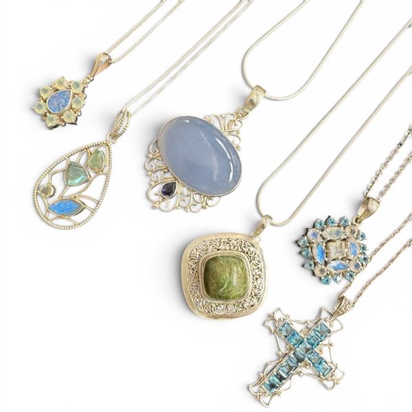 6 Sterling Silver Gemstone & Crystal Necklaces - Total weight: 58.6