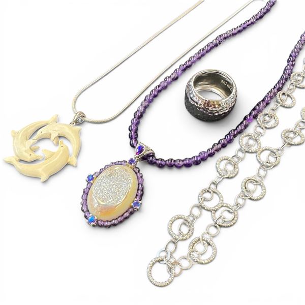 2 Sterling Silver Necklaces, Sajen Amethyst & Druzy Necklace & Size 8 Sterling Ring  - Total weight: